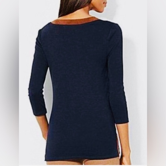 Lauren Ralph Lauren Size M. Blue cotton V-neck sweater with suede trim. Like new - Picture 2 of 13